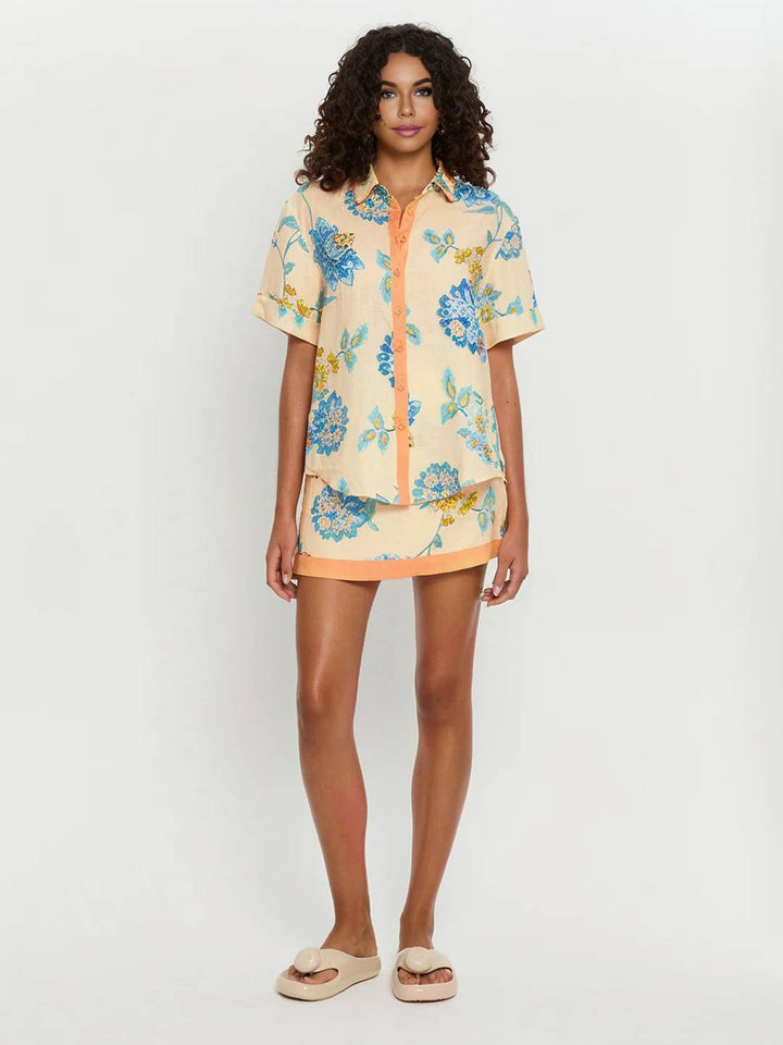 Levoire | Ensemble De Tenue Avec Robe À Fleurs Imprimée, Chemise À Boutons, Manches Courtes, Chemise Décontractée Pour Femmes, Bleu, Jaune