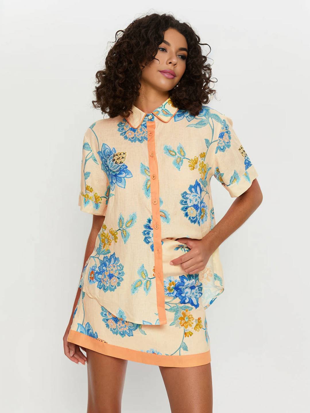 Levoire | Ensemble De Tenue Avec Robe À Fleurs Imprimée, Chemise À Boutons, Manches Courtes, Chemise Décontractée Pour Femmes, Bleu, Jaune