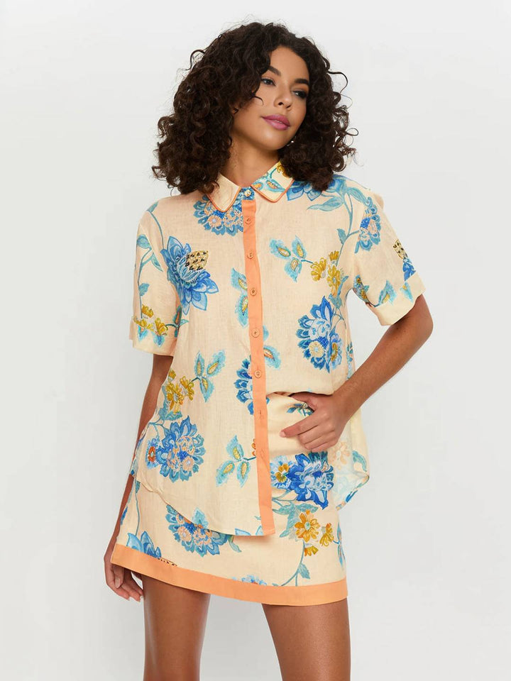 Levoire | Ensemble De Tenue Avec Robe À Fleurs Imprimée, Chemise À Boutons, Manches Courtes, Chemise Décontractée Pour Femmes, Bleu, Jaune