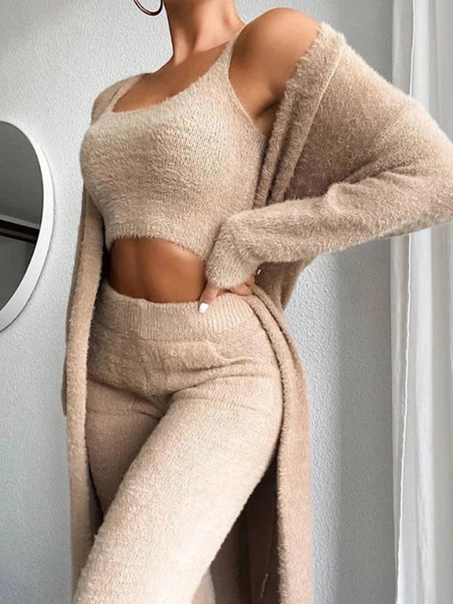 Levoire | Ensemble De 3 Pièces En Polaire Haut Cardigan Et Pantalon Mode D'Hiver Femme Chameau