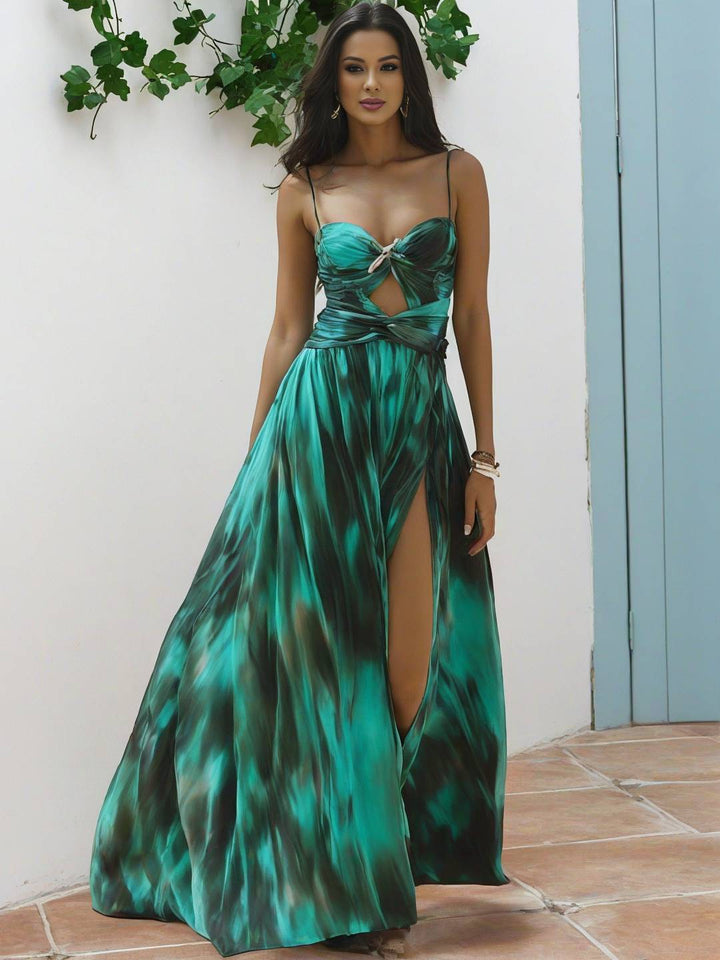 Levoire | Tenue De Plage D'Été Tie And Dye Fente Fluide Maillot De Bain Imprimé Hawaïen Jupe Robe Pour Femmes Émeraude