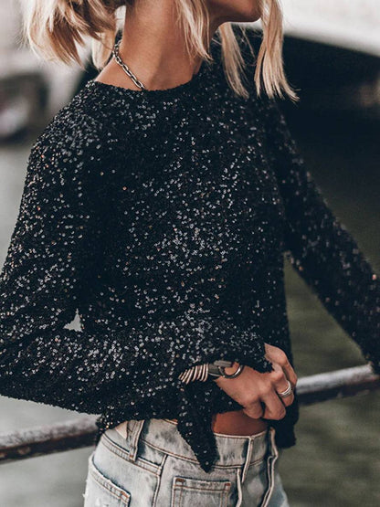 Levoire | T-Shirt Paillettes Brillantes Col Rond Sans Dos Avec Fente Manches Longues Élégant Décontracté Mode Huats Noir