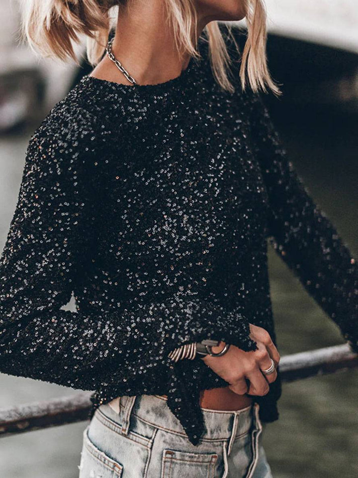 Levoire | T-Shirt Paillettes Brillantes Col Rond Sans Dos Avec Fente Manches Longues Élégant Décontracté Mode Huats Noir