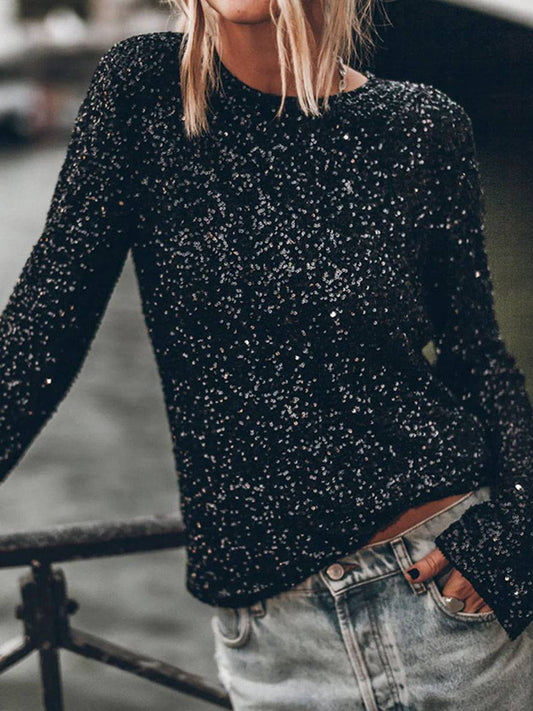 Levoire | T-Shirt Paillettes Brillantes Col Rond Sans Dos Avec Fente Manches Longues Élégant Décontracté Mode Huats