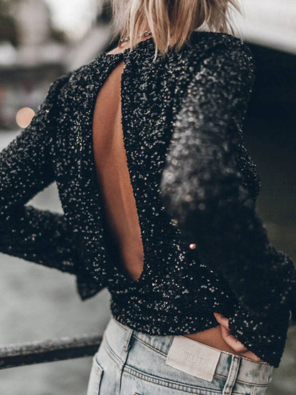 Levoire | T-Shirt Paillettes Brillantes Col Rond Sans Dos Avec Fente Manches Longues Élégant Décontracté Mode Huats