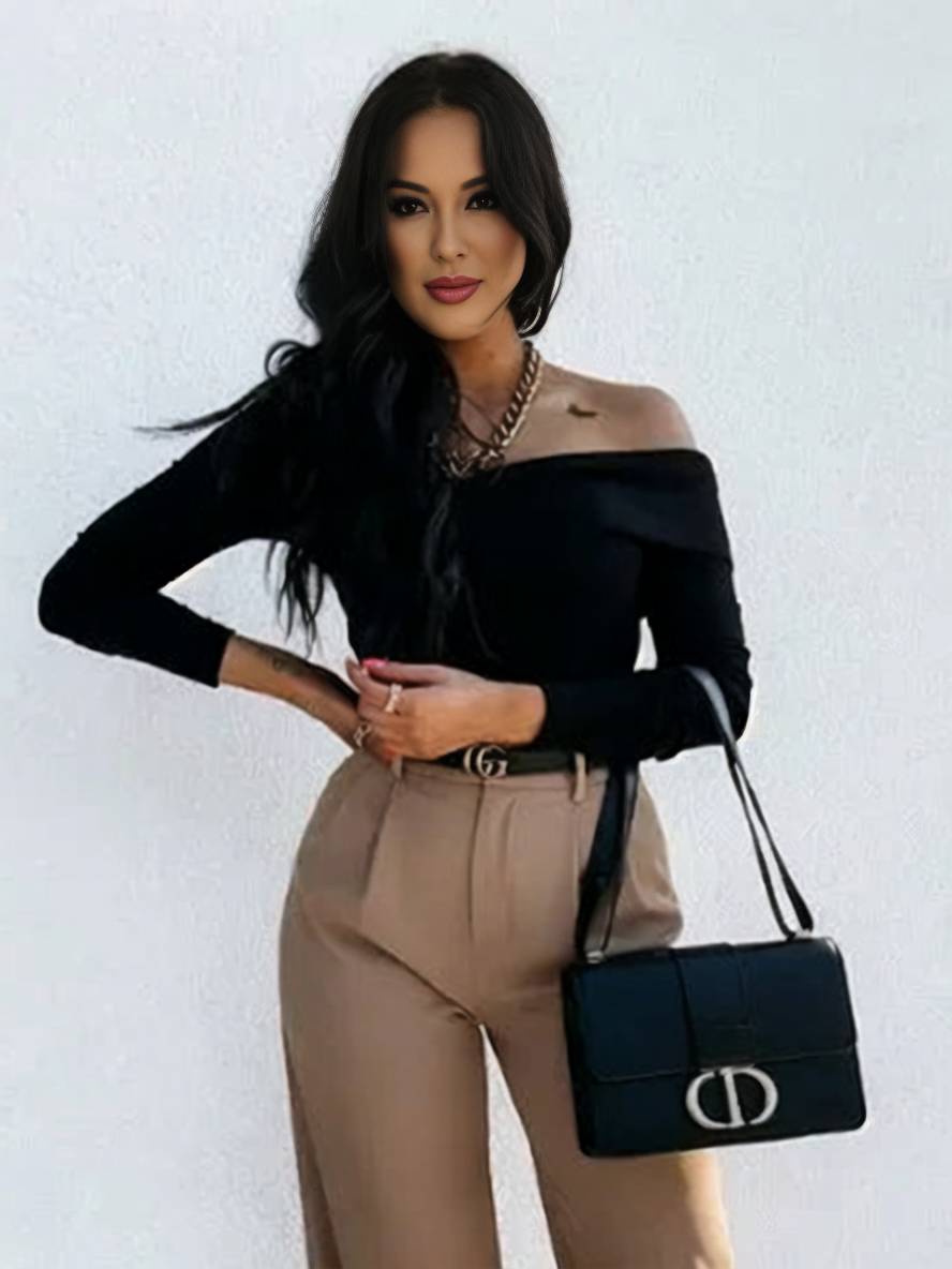 Levoire | T-Shirt Uni Épaule Longues Manches Femmes Élégant Décontracté Mode Tops Noir