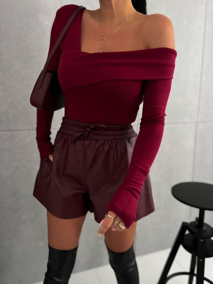 Levoire | T-Shirt Uni Épaule Longues Manches Femmes Élégant Décontracté Mode Tops