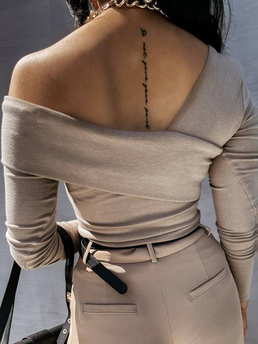 Levoire | T-Shirt Uni Épaule Longues Manches Femmes Élégant Décontracté Mode Tops