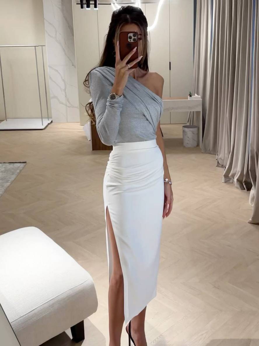 Levoire | Uni-Couleurs Tops Une Épaule Manches Longues Femmes Élégant Mode De Loisirs Décontractée Gris