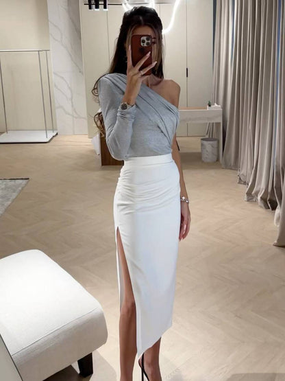 Levoire | Uni-Couleurs Tops Une Épaule Manches Longues Femmes Élégant Mode De Loisirs Décontractée Gris