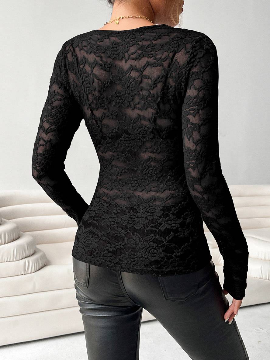 Levoire | Pull En Dentelle Ajusté Col V Manches Longues Uni Femme Élégant Simple Décontracté Casual