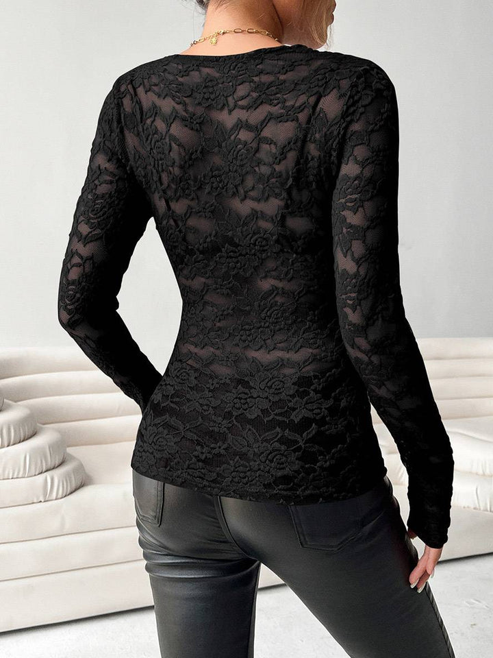 Levoire | Pull En Dentelle Ajusté Col V Manches Longues Uni Femme Élégant Simple Décontracté Casual