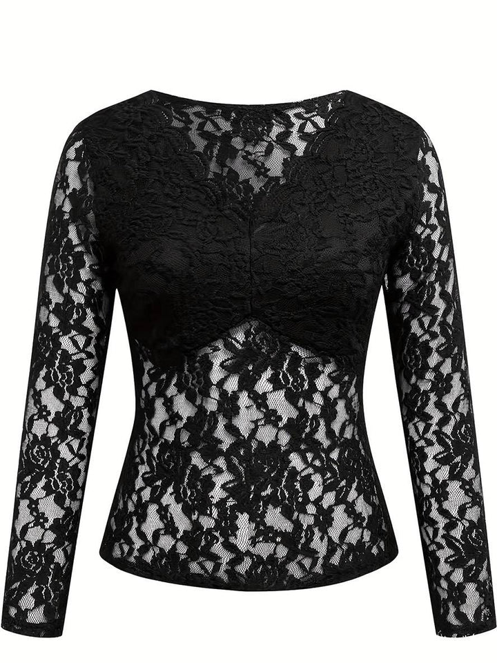 Levoire | Pull En Dentelle Ajusté Col V Manches Longues Uni Femme Élégant Simple Décontracté Casual