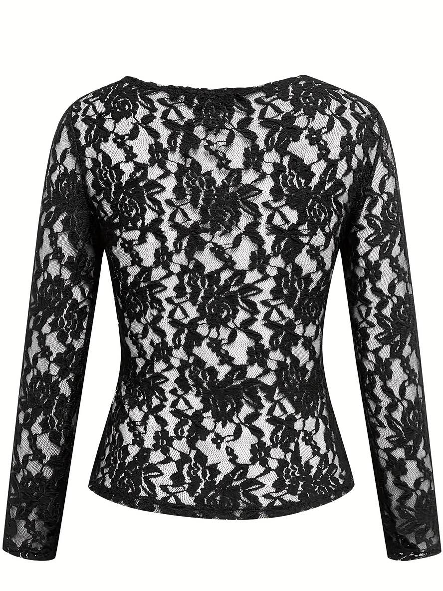 Levoire | Pull En Dentelle Ajusté Col V Manches Longues Uni Femme Élégant Simple Décontracté Casual
