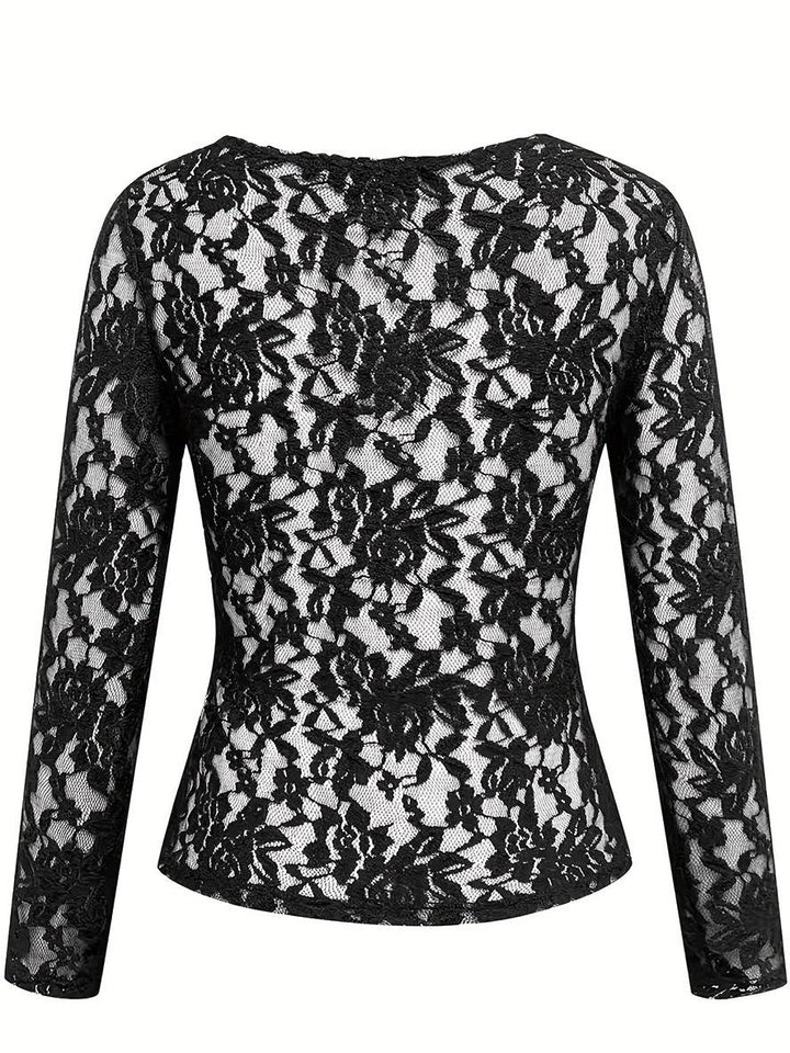 Levoire | Pull En Dentelle Ajusté Col V Manches Longues Uni Femme Élégant Simple Décontracté Casual