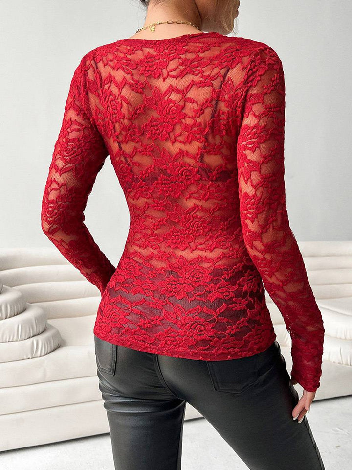 Levoire | Pull En Dentelle Ajusté Col V Manches Longues Uni Femme Élégant Simple Décontracté Casual