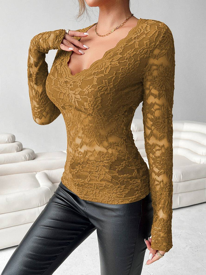 Levoire | Pull En Dentelle Ajusté Col V Manches Longues Uni Femme Élégant Simple Décontracté Casual