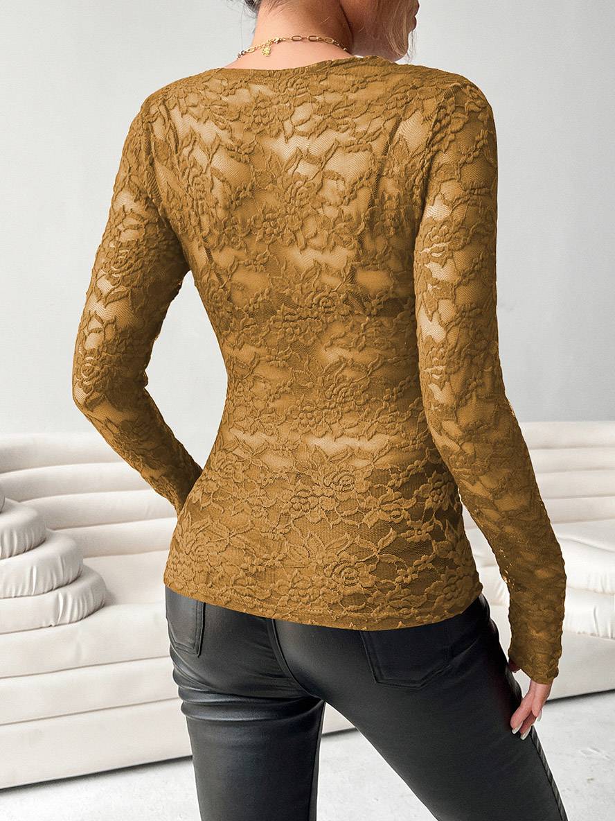 Levoire | Pull En Dentelle Ajusté Col V Manches Longues Uni Femme Élégant Simple Décontracté Casual