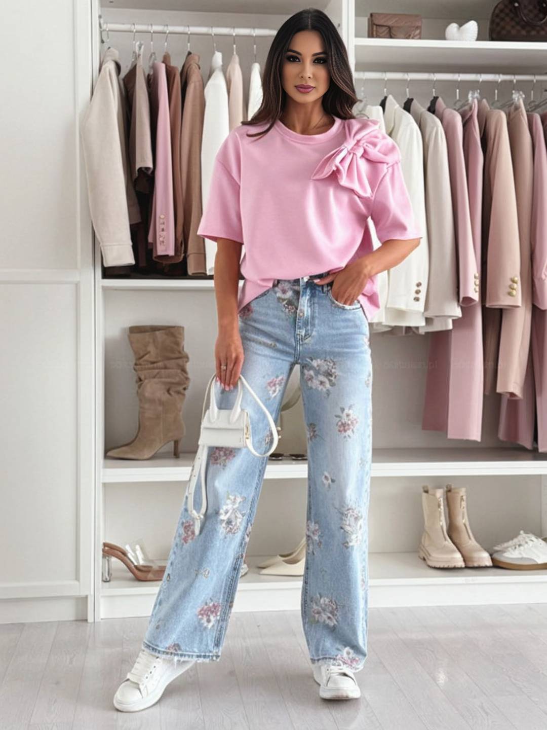 Levoire | T-Shirt Nœud Col Rond Manches Courtes Avec Grand Nœud Décoratif À L'Épaule Femme Mignon Décontracté