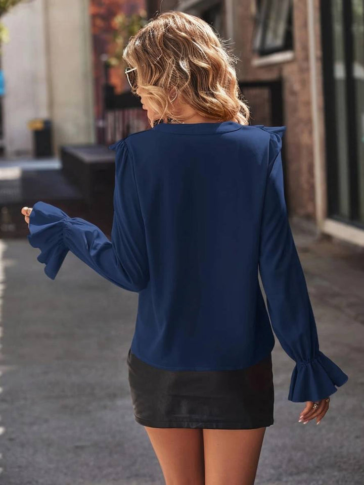 Levoire | Blouse Avec Volants Décolleté En V Jabot Patte De Boutonnage Manches Évasées Manches Longues Femme Doux Élégant