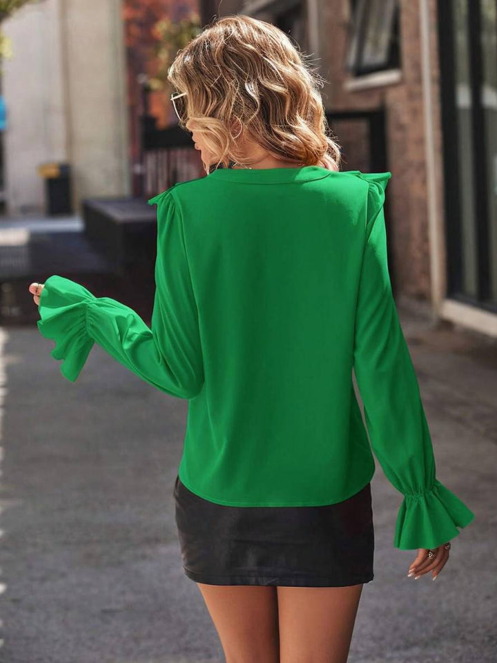 Levoire | Blouse Avec Volants Décolleté En V Jabot Patte De Boutonnage Manches Évasées Manches Longues Femme Doux Élégant