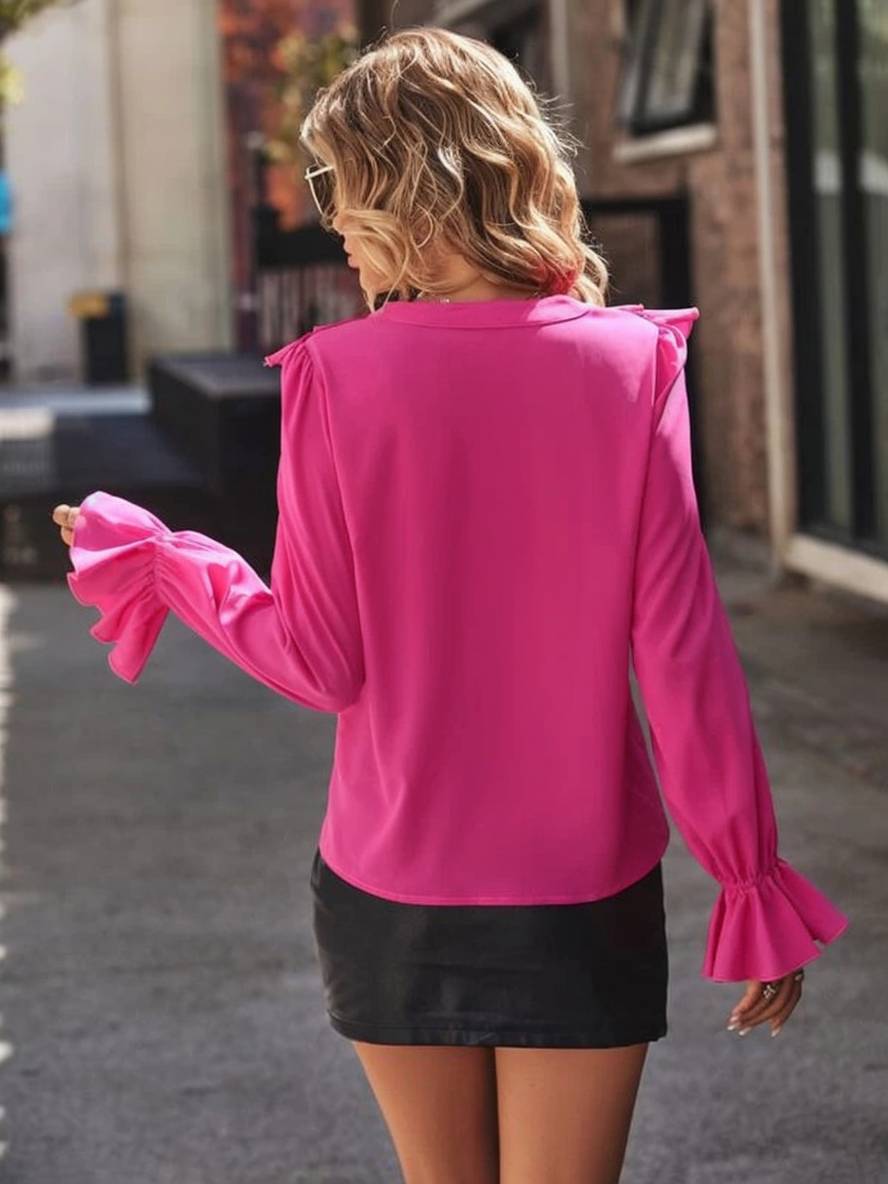 Levoire | Blouse Avec Volants Décolleté En V Jabot Patte De Boutonnage Manches Évasées Manches Longues Femme Doux Élégant