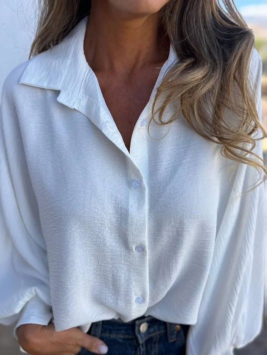 Levoire | Chemisier Uni Col Chemise Manches Chauve-Souris Patte De Boutonnage Blouse Décontractée Pour Femmes