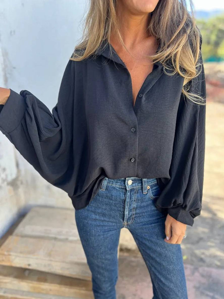 Levoire | Chemisier Uni Col Chemise Manches Chauve-Souris Patte De Boutonnage Blouse Décontractée Pour Femmes Noir