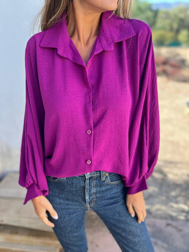 Levoire | Chemisier Uni Col Chemise Manches Chauve-Souris Patte De Boutonnage Blouse Décontractée Pour Femmes Violet Rot