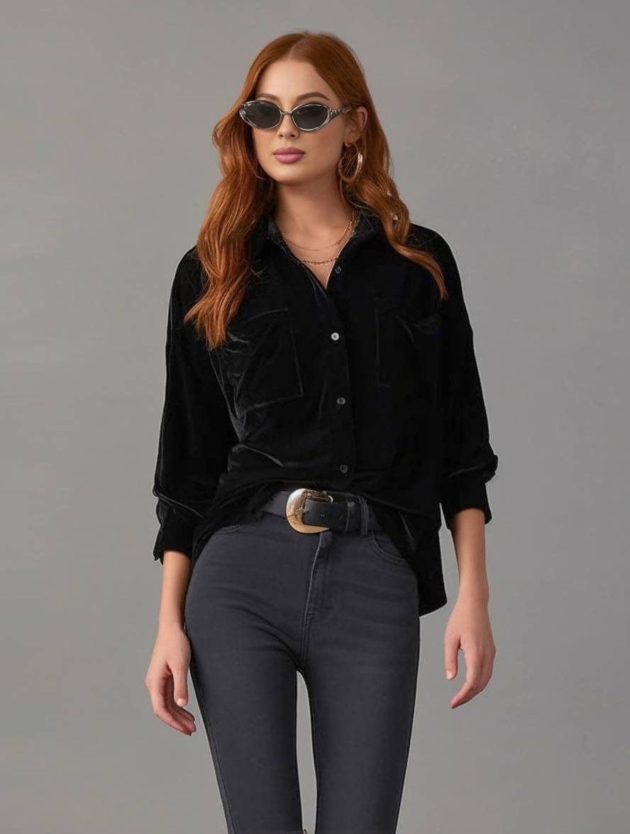 Levoire | Blouse En Velours Unie Avec Boutons, Poches, Col Chemise, Manches Longues Pour Femmes, Ample Et Décontractée Noir