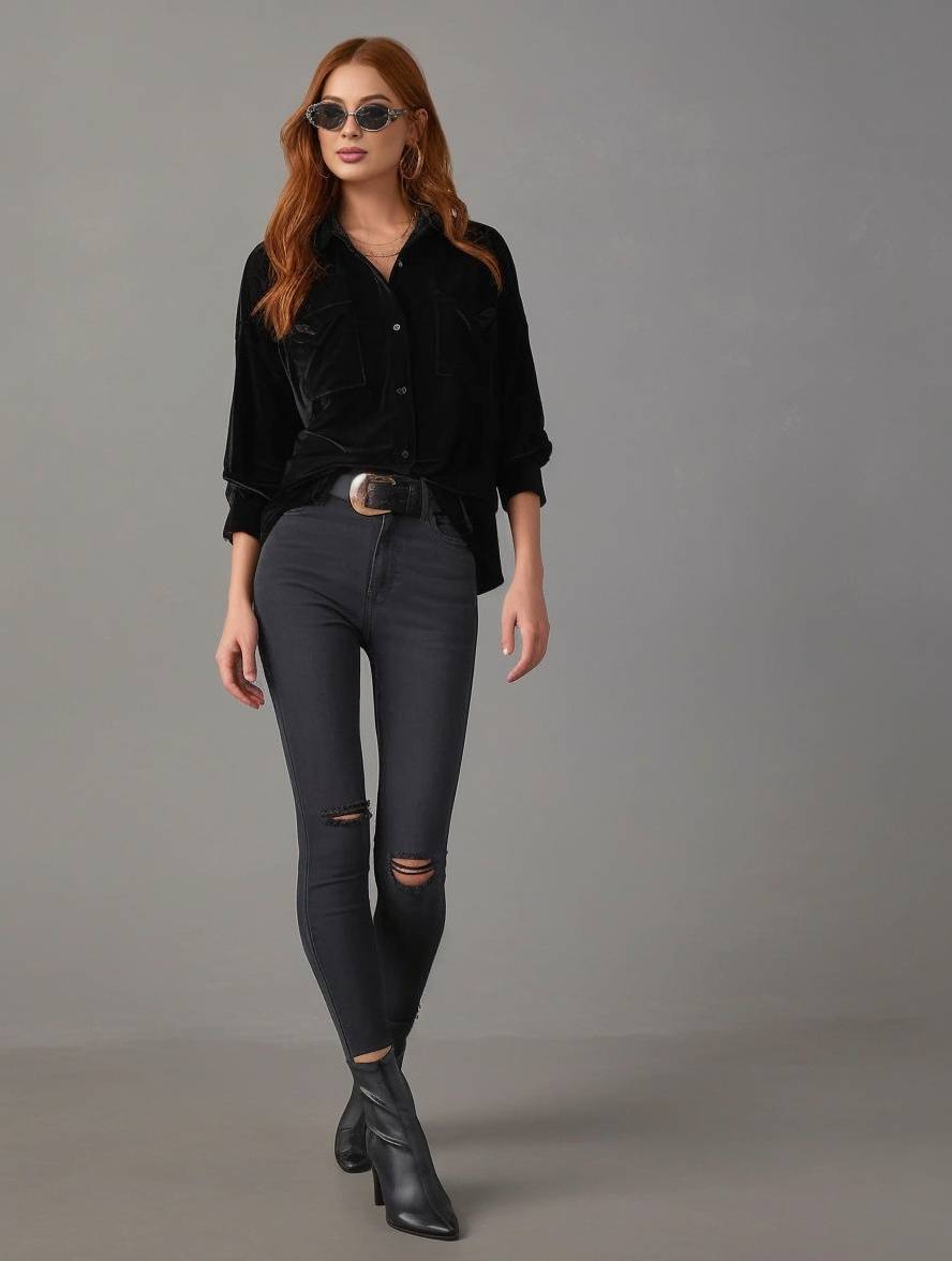 Levoire | Blouse En Velours Unie Avec Boutons, Poches, Col Chemise, Manches Longues Pour Femmes, Ample Et Décontractée