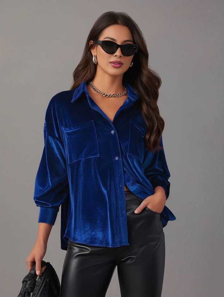 Levoire | Blouse En Velours Unie Avec Boutons, Poches, Col Chemise, Manches Longues Pour Femmes, Ample Et Décontractée Bleu saphir