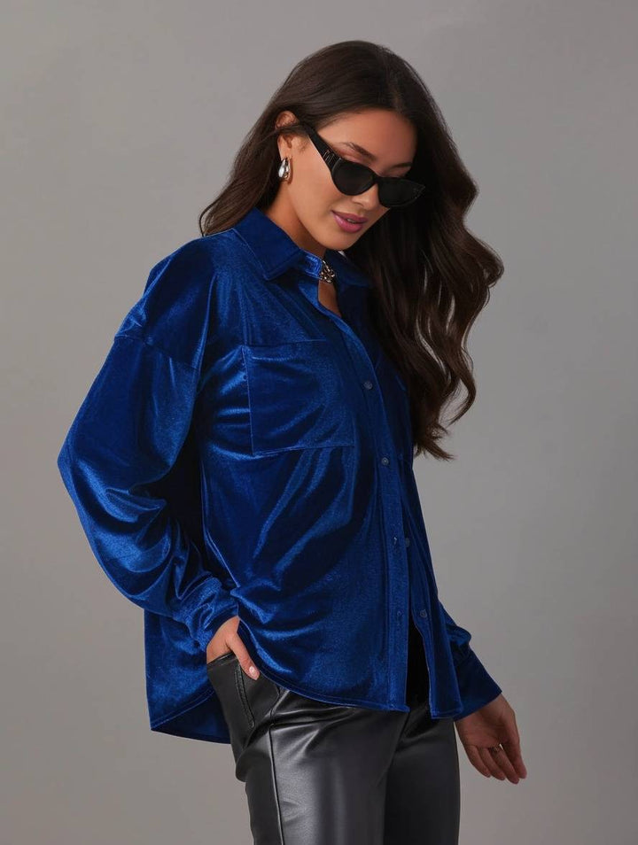 Levoire | Blouse En Velours Unie Avec Boutons, Poches, Col Chemise, Manches Longues Pour Femmes, Ample Et Décontractée