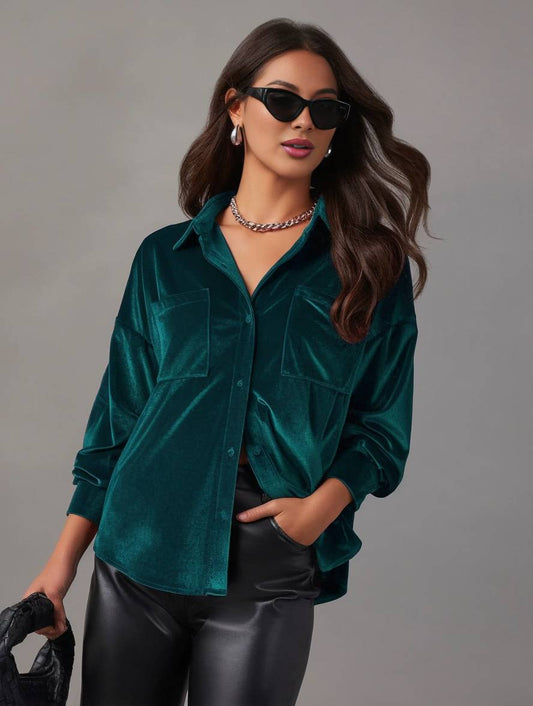 Levoire | Blouse En Velours Unie Avec Boutons, Poches, Col Chemise, Manches Longues Pour Femmes, Ample Et Décontractée