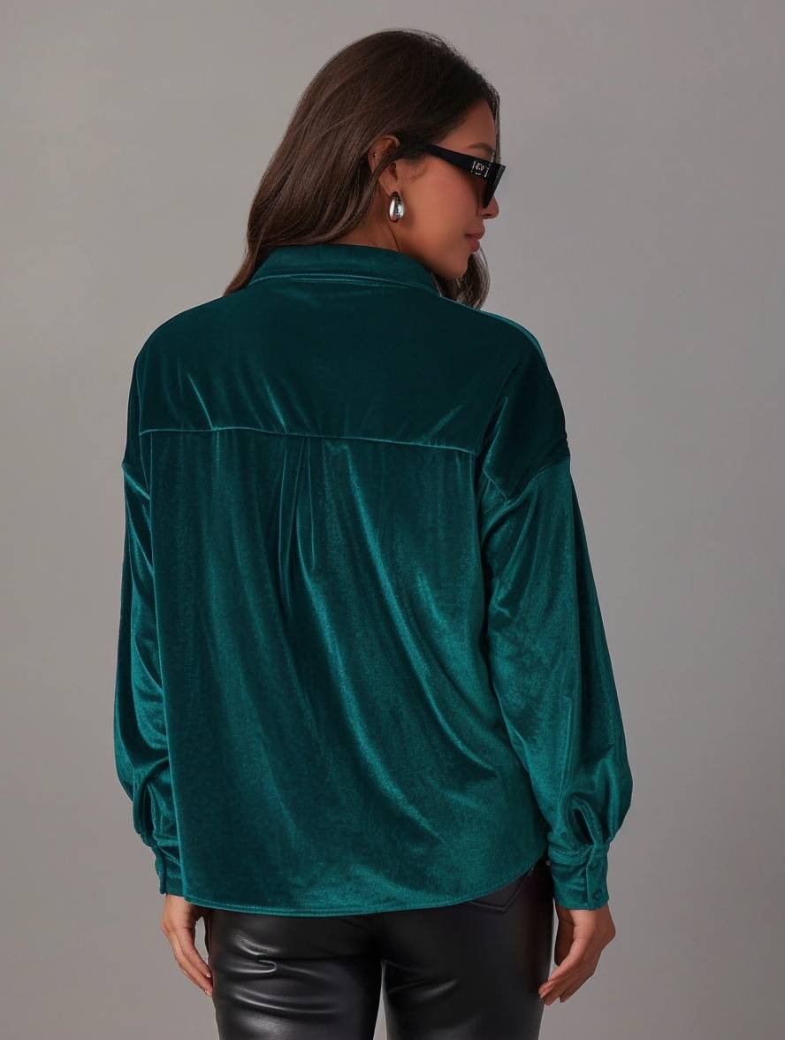 Levoire | Blouse En Velours Unie Avec Boutons, Poches, Col Chemise, Manches Longues Pour Femmes, Ample Et Décontractée