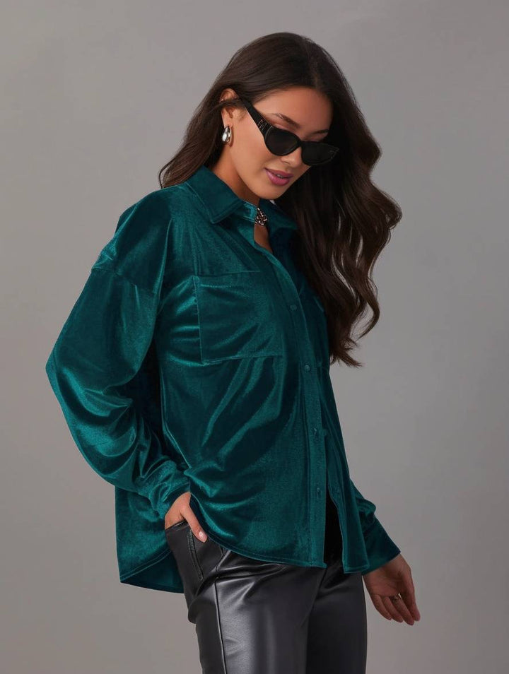 Levoire | Blouse En Velours Unie Avec Boutons, Poches, Col Chemise, Manches Longues Pour Femmes, Ample Et Décontractée