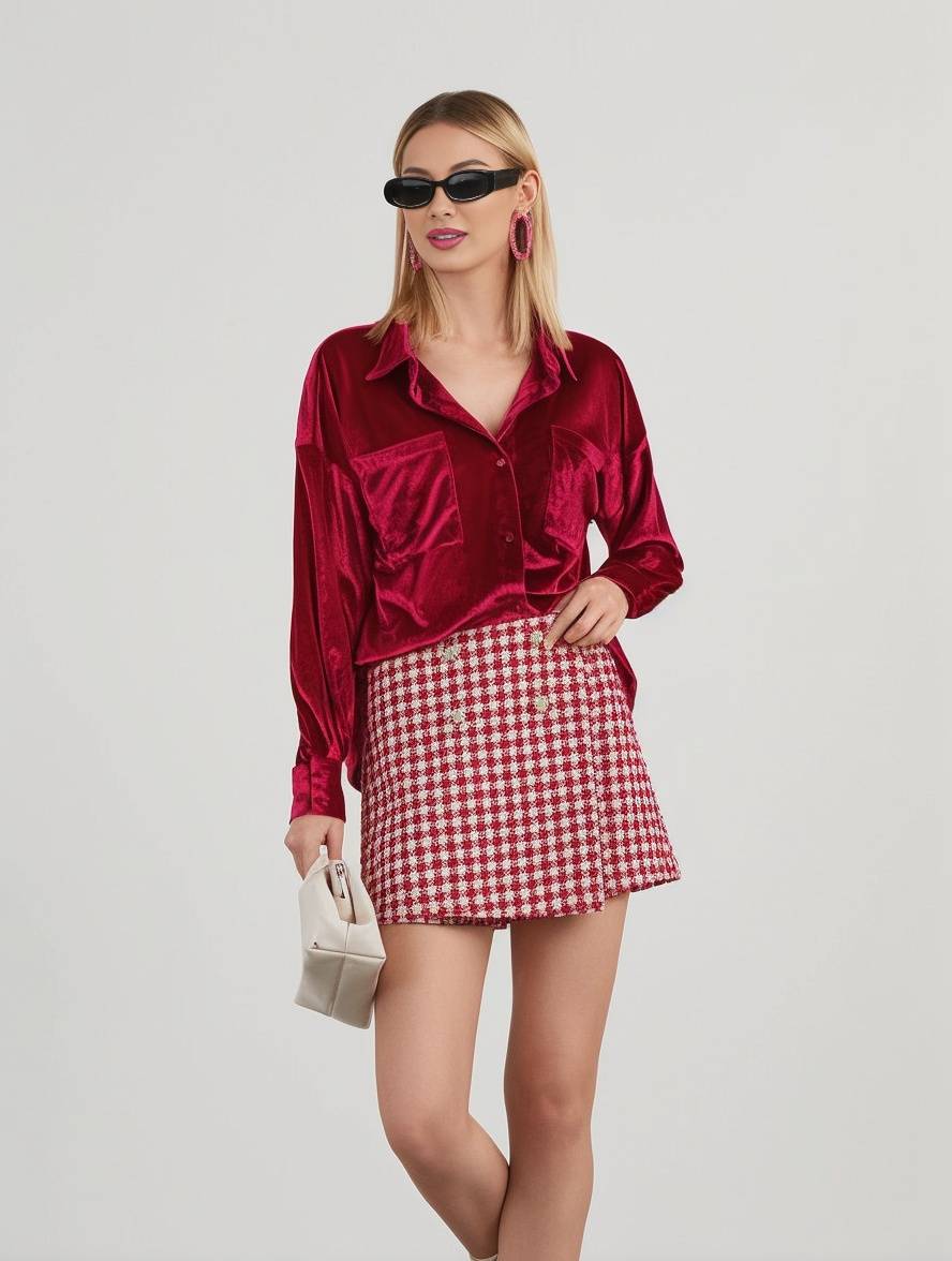 Levoire | Blouse En Velours Unie Avec Boutons, Poches, Col Chemise, Manches Longues Pour Femmes, Ample Et Décontractée Rot