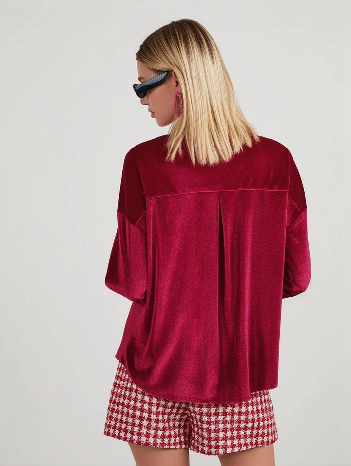 Levoire | Blouse En Velours Unie Avec Boutons, Poches, Col Chemise, Manches Longues Pour Femmes, Ample Et Décontractée