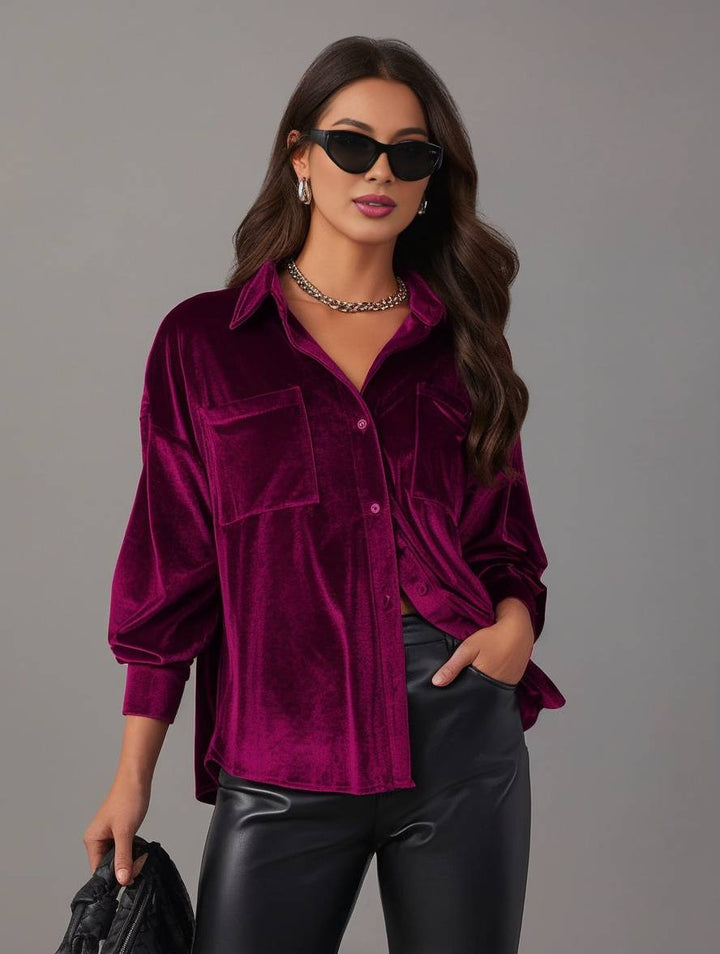 Levoire | Blouse En Velours Unie Avec Boutons, Poches, Col Chemise, Manches Longues Pour Femmes, Ample Et Décontractée
