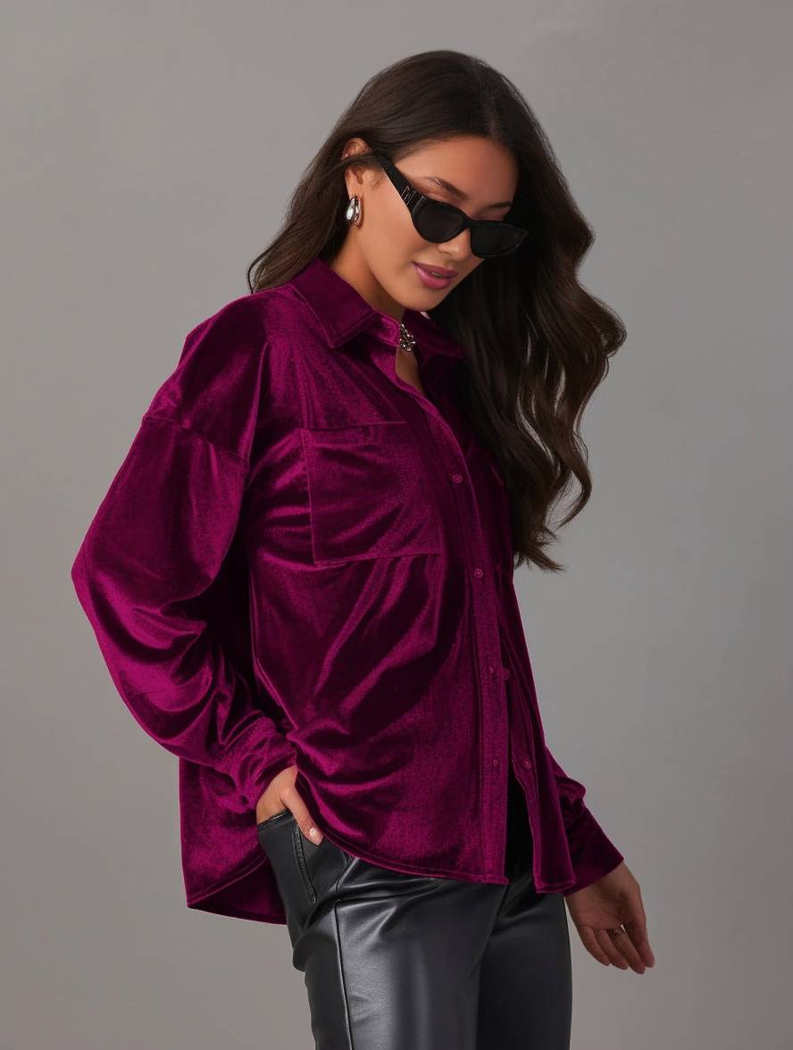 Levoire | Blouse En Velours Unie Avec Boutons, Poches, Col Chemise, Manches Longues Pour Femmes, Ample Et Décontractée