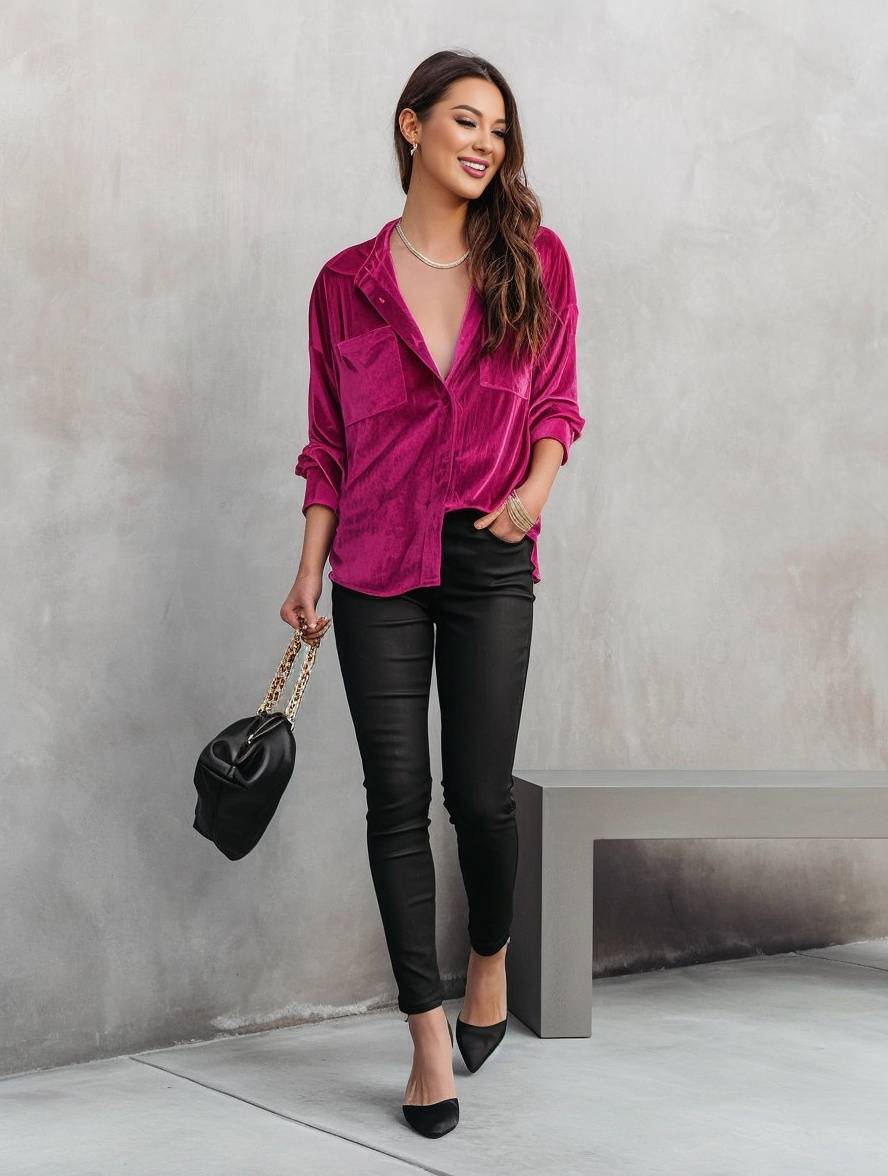 Levoire | Blouse En Velours Unie Avec Boutons, Poches, Col Chemise, Manches Longues Pour Femmes, Ample Et Décontractée Framboise