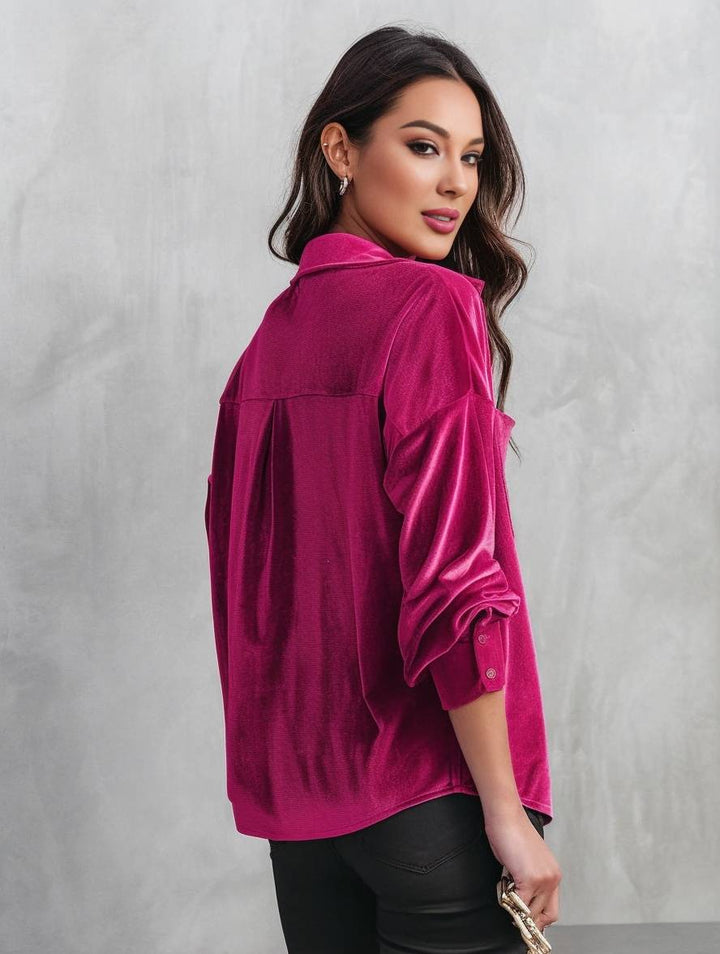 Levoire | Blouse En Velours Unie Avec Boutons, Poches, Col Chemise, Manches Longues Pour Femmes, Ample Et Décontractée