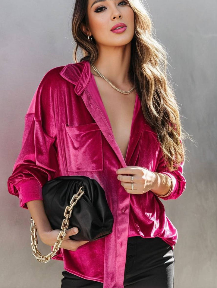 Levoire | Blouse En Velours Unie Avec Boutons, Poches, Col Chemise, Manches Longues Pour Femmes, Ample Et Décontractée