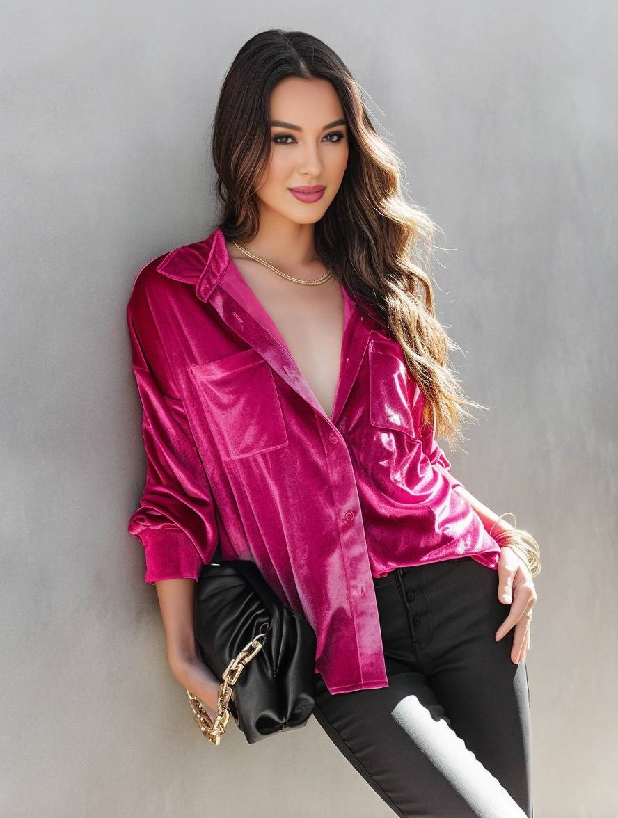 Levoire | Blouse En Velours Unie Avec Boutons, Poches, Col Chemise, Manches Longues Pour Femmes, Ample Et Décontractée