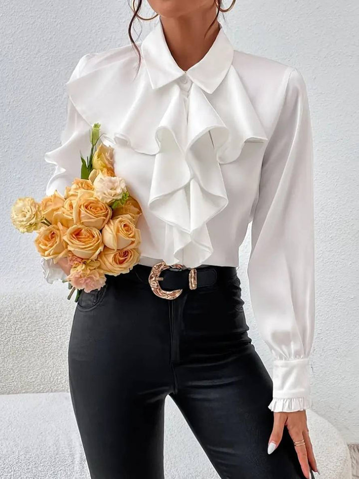 Levoire | Blouse Unie Avec Patte De Boutonnage, Col Jabot, Manches De Moine Pour Femmes, Blouse Décontractée Élégante Blanche