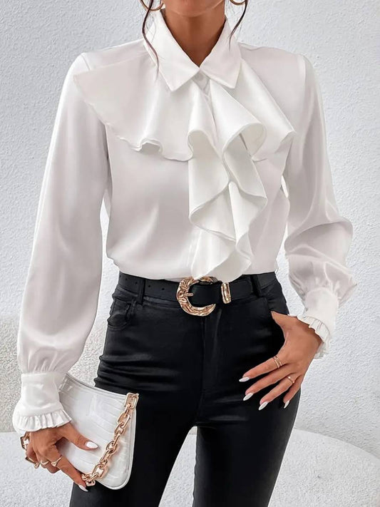 Levoire | Blouse Unie Avec Patte De Boutonnage, Col Jabot, Manches De Moine Pour Femmes, Blouse Décontractée Élégante