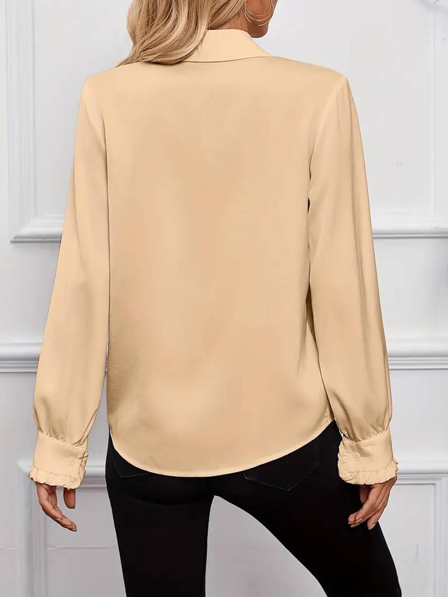 Levoire | Blouse Unie Avec Patte De Boutonnage, Col Jabot, Manches De Moine Pour Femmes, Blouse Décontractée Élégante