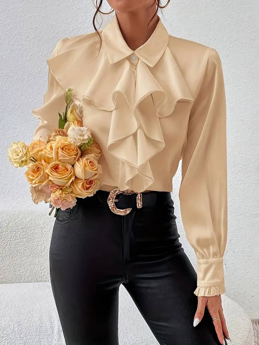 Levoire | Blouse Unie Avec Patte De Boutonnage, Col Jabot, Manches De Moine Pour Femmes, Blouse Décontractée Élégante Abricot