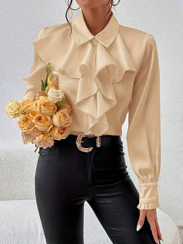 Levoire | Blouse Unie Avec Patte De Boutonnage, Col Jabot, Manches De Moine Pour Femmes, Blouse Décontractée Élégante Abricot