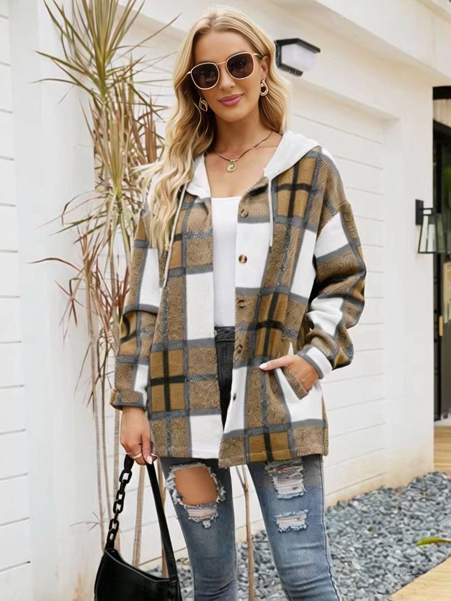 Levoire | Chemise À Carreaux Pour Dames Avec Capuche, Fermeture À Boutons, Poches, Manches Longues, Vintage, Veste Décontractée Chameau